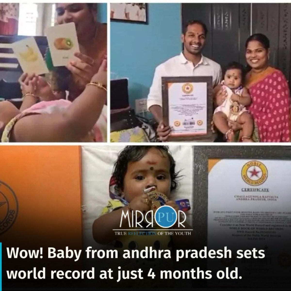 pu_mirror's tweet image. Kaivalya,a 4-month-old from Andhra Pradesh,sets #WorldRecord by identifying 120 things.Her early #CognitiveDevelopment &amp;amp; parental support,particularly from her mother Hema,earn her recognition from #NobleWorldRecords &amp;amp; inspired parents worldwide to foster their children's talents