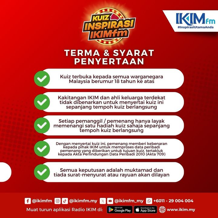 ikimfm_my's tweet image. Kuiz Inspirasi IKIMfm kini kembali!

Menangi wang tunai sehingga RM 15,000. Dengarkan isyarat memanggil dalam segmen Inspirasi Pagi dan Inspirasi Jiwa bermula 19 Februari 2024.

#kuizinspirasiIKIMfm #ikimfm #wangtunai