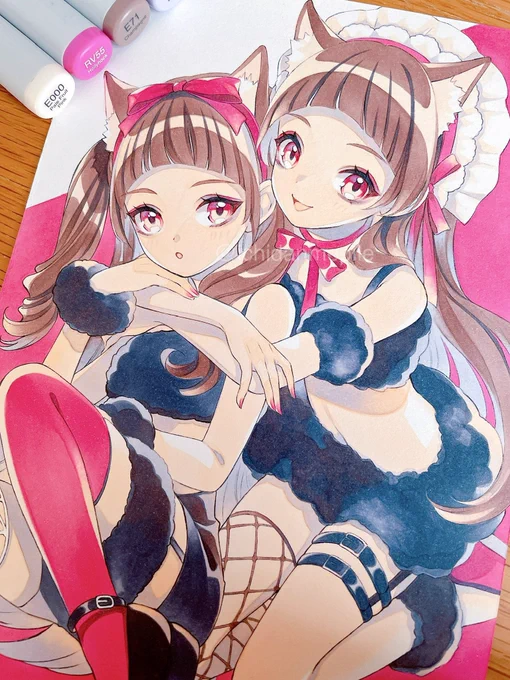 個展まで毎日作品投稿中⸜⸝⋆┈┈┈┈┈┈┈┈┈┈┈┈┈⋆2/22黒猫姉妹(2023年制作/コピック)#猫の日 ということで、今日は猫な過去絵にしてみました^.ˬ.^ こちらはコピック5色で着彩したイラストです。 