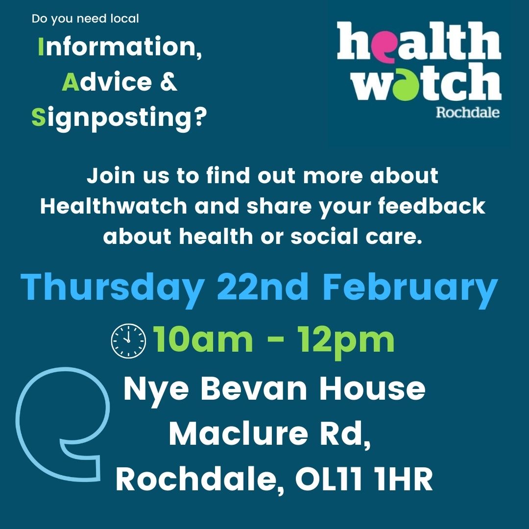 We are at Nye Bevan House, Rochdale offering information, Advice &amp; Signposting around health &amp; social care, 10am until 12pm.
We are also asking Rochdale residents to complete our Residents Survey  - if you can't make it please fill in the survey here: ow.ly/CelR50QCpER