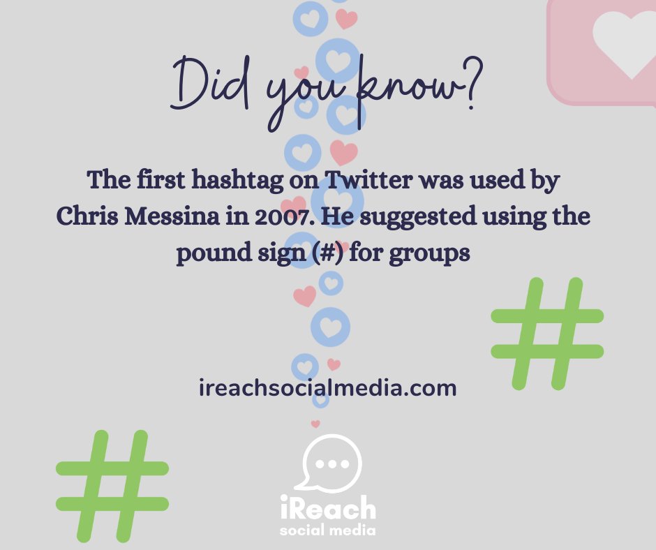iReachsocialmed's tweet image. Did you know? 

The first hashtag on Twitter was used by Chris Messina in 2007. He suggested using the pound sign (#) for groups. 

We are always learning and finding out the interesting history about social media 😁

#firsthashtag #learning #funfacts #socialmediafacts