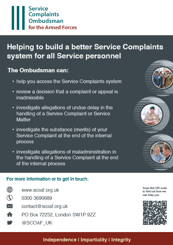 Can the Armed Forces Service Complaints Ombudsman help you? The remit of the Ombudsman is outlined below to support and assist you in submitting your Service Complaint. Get in touch 📱📞💻