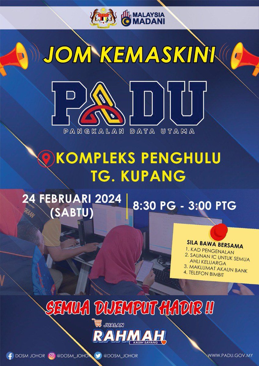 Ayuh warga Johor Bahru, datang beramai-ramai kita kemaskini PADU di Kompleks Penghulu Tanjung Kupang pada 24 Februari 2024 ini.

#PADUSejahtera
#MalaysiaPADU
#MalaysiaMadani
#DOSMJohor