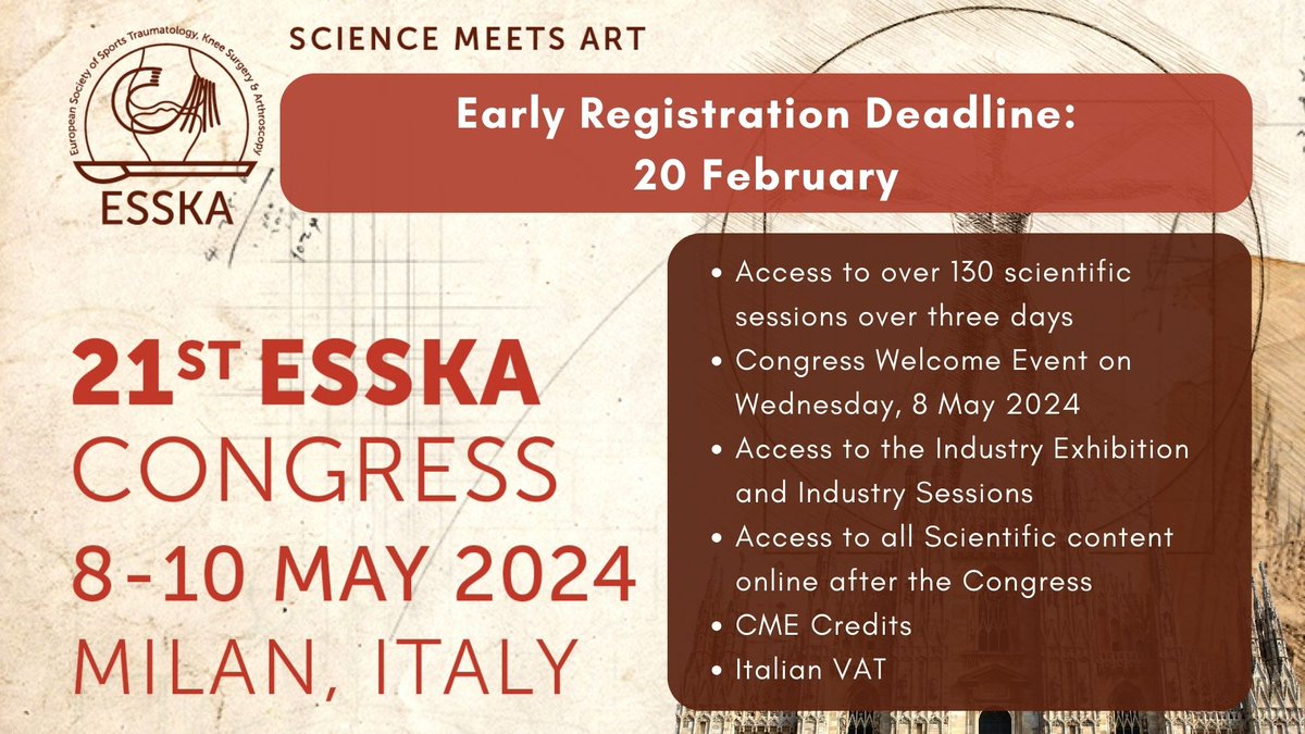 👉 #ESSKA2024 is fast approaching, and early registration will be ending on Monday, February 26th! This is your chance to #connect, #learn, and thrive in an atmosphere brimming with insights and #inspiration. Register Now: loom.ly/ZNwee08