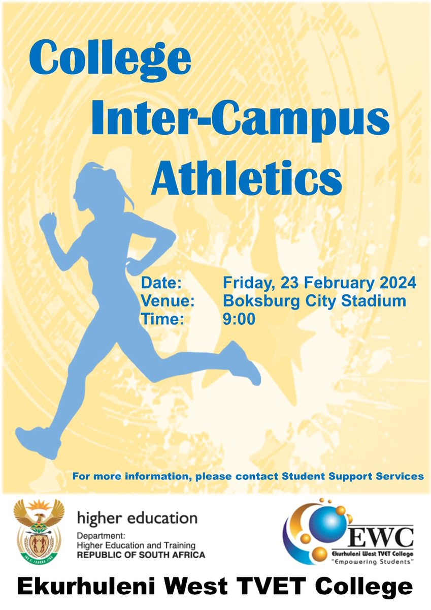 Ekurhuleni West TVET College Inter-Campus Athletics to be held at Boksburg Stadium  on Friday, 23 February 2024.