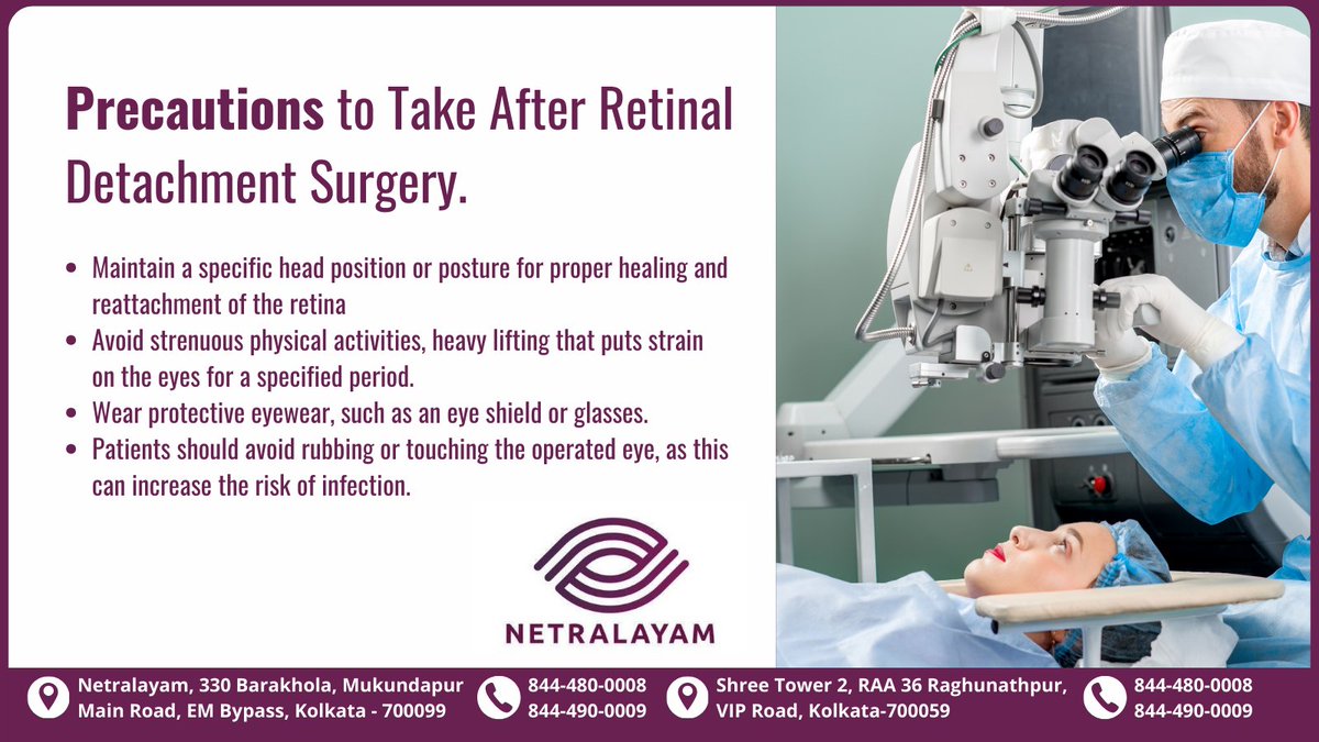 Post-retinal detachment surgery precautions: Maintain proper head posture, avoid strenuous activities, wear protective eyewear, and refrain from touching the operated eye.
.
.
#RetinalDetachment #EyeHealth #SurgeryRecovery #EyeCare #Precautions #HealthyRecovery