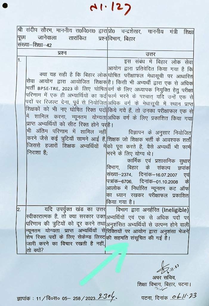 ChauhaanSundar's tweet photo. विधान सभा में लिखित में जवाब देने के बाद अब अपने वादे से #पलटी नहीं मरना चाहिए। #BPSC_TRE1 में जो #पूरक परिणाम जारी करने का वादा था उसे पूरा कीजिए। @VijayKChy @Jduonline @BJP4India @samrat4bjp @VijayKrSinhaBih @NitishKumar @News18Bihar @RajnishJhakumar @BiharTeacherCan @btetctet https://t.co/b862MIG9HO