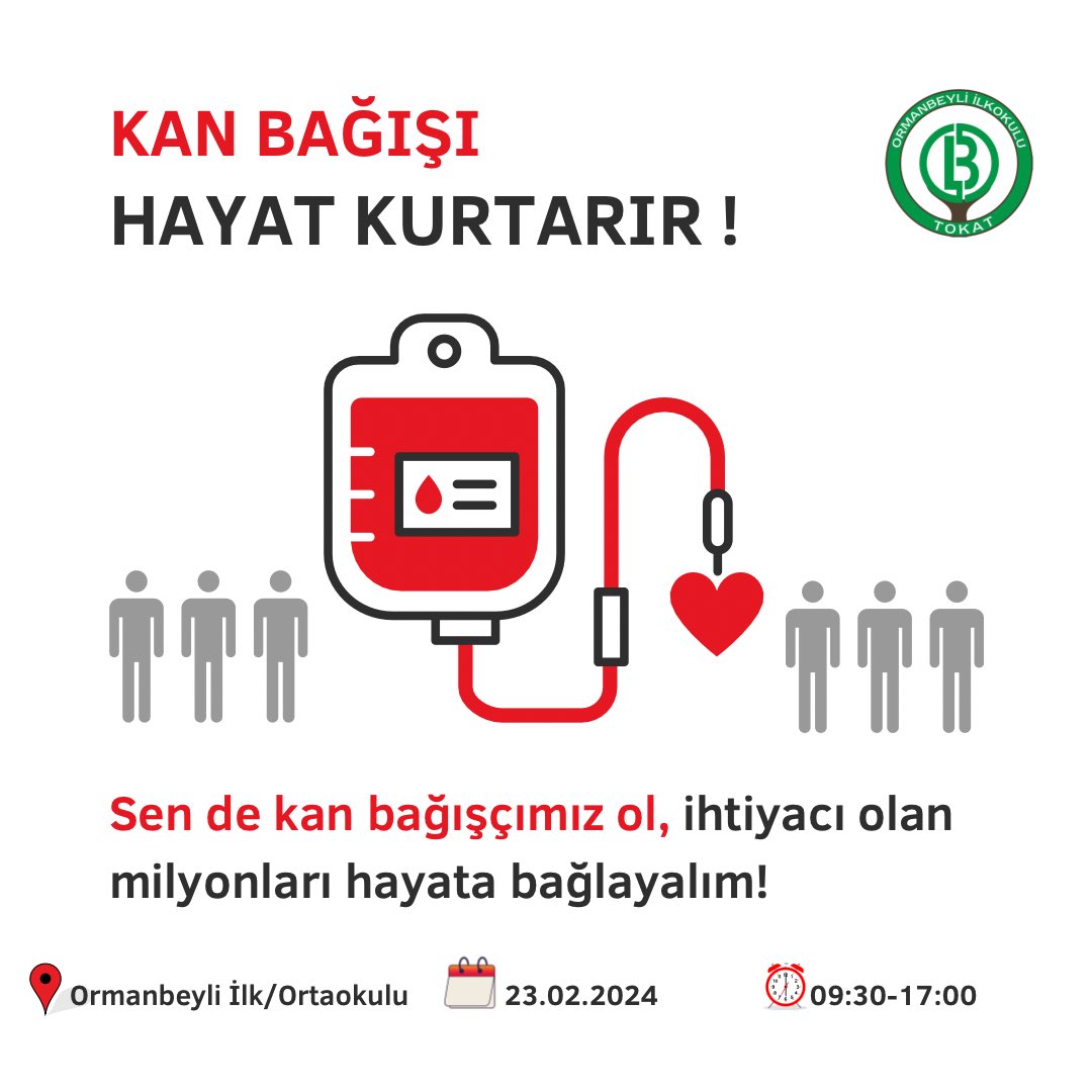 Okulumuz ve Türk Kızılay Derneği'yle ortak yürütülen "Velilerle El Ele Kan Vermeye" projesi kapsamında 23 Şubat 2024 Tarihinde, Cuma Günü, 09:30-17:00  saatleri arasında  II. Kan Bağışı kampanyası düzenlenecektir. Tüm velilerimizi bekliyoruz.
<a href="/tcmeb/">Millî Eğitim Bakanlığı</a> <a href="/tokatmem/">Tokat İl Milli Eğitim Müdürlüğü</a> <a href="/TokatKizilay/">Türk Kızılay Tokat İl Merkezi</a>
