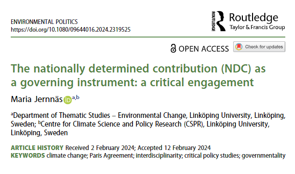 New discussion article from @mariajernnas:

The Nationally Determined Contributions (NDCs) need to be studied from different perspectives and scholarly traditions - that is how we make sense of governing under the Paris Agreement.

tandfonline.com/doi/full/10.10…