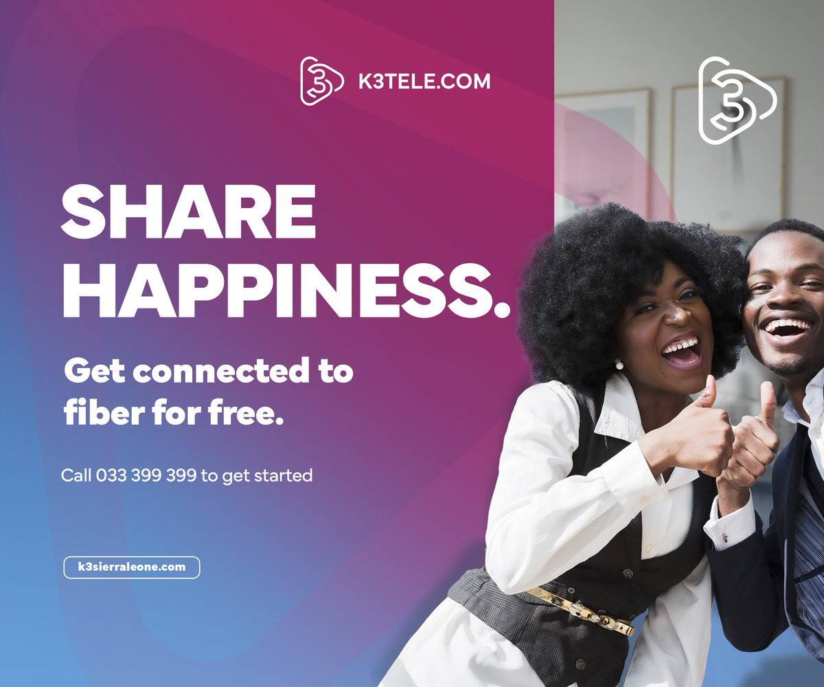 k3_sierra's tweet photo. Sharing Happiness.

Get connected to Fiber for FREE, Call 033 399 399 to get started.

#unlimitedfiberinternet #SalonefastestFiberNetwork #TheRealFiberishere #GetConnectedforFree #FreetownFiber #PremiumService #CustomerHappines https://t.co/N0AjFlPMZ8