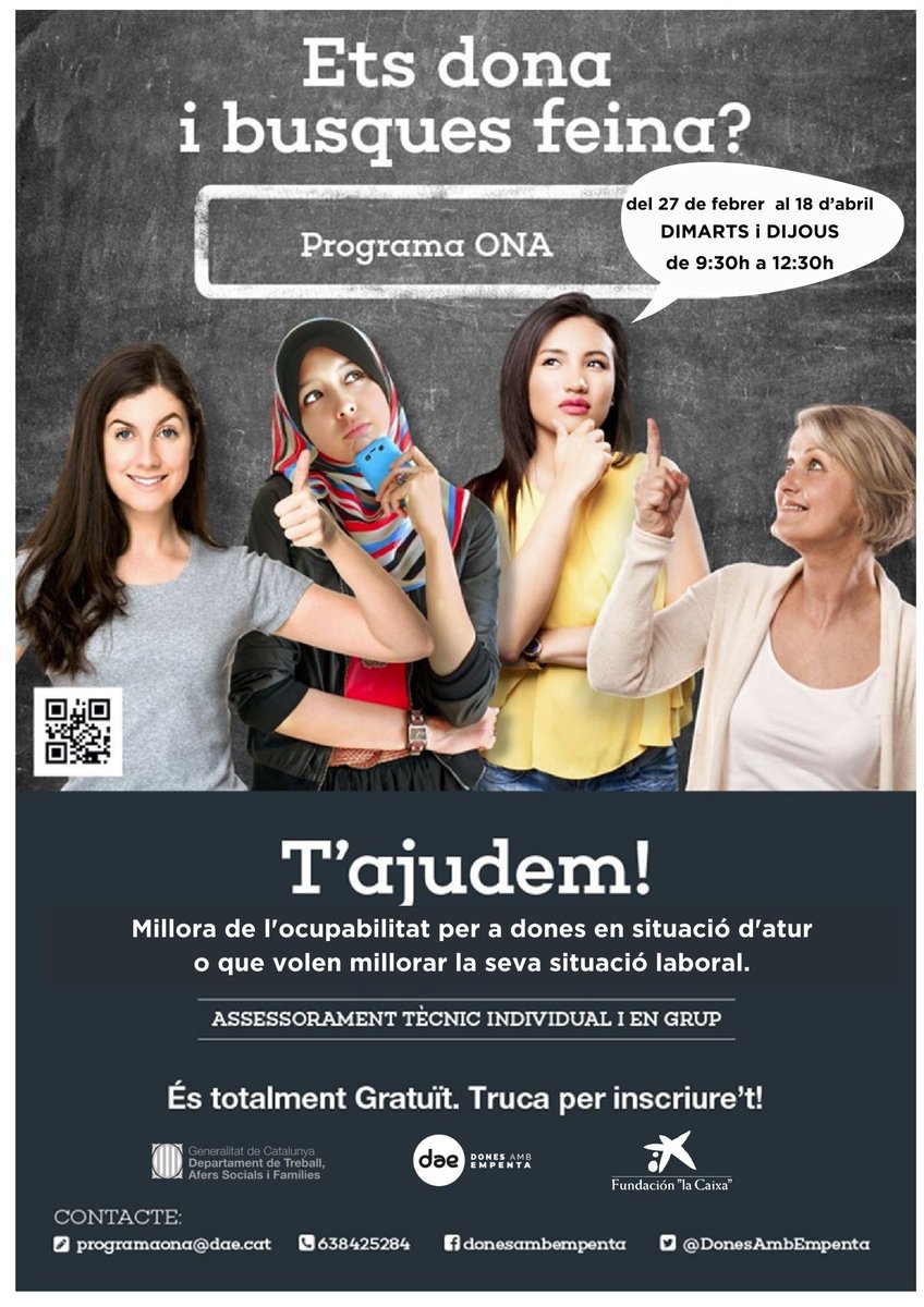 DonesAmbEmpenta's tweet image. Nova edició del Programa ONA per a l&apos;ocupabilitat de dones en situació d&apos;atur o que volen millorar la seva situació laboral.

📆 Del 27 de febrer al 18 d&apos;abril.
📌 Dimarts i dijous
⏳ De 9.30 a 12.30h

Més info i inscripcions:
📨 programaona@dae.cat
📞 638425284
#ProgramaONA