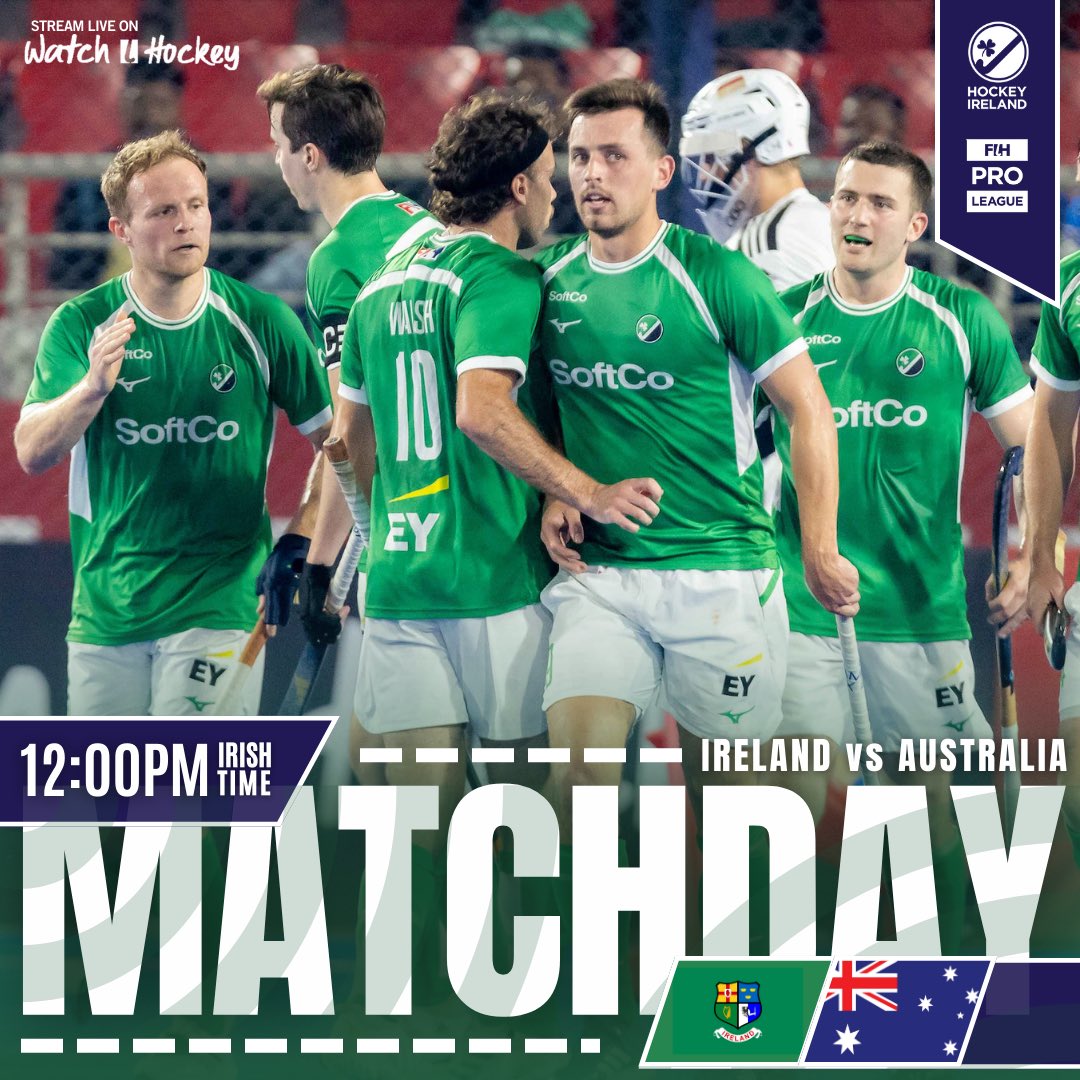 𝐅𝐈𝐇 𝐏𝐫𝐨 𝐋𝐞𝐚𝐠𝐮𝐞: 𝐈𝐑𝐋 𝐯𝐬 𝐀𝐔𝐒 Our IRL Men will be on a mission at midday today to capitalise on their continued growth in confidence as they take on the Kookaburras! 👉 Live on watch.hockey 👈 #FIHProLeague #HockeyIndia #HockeyInvites #GreenMachine