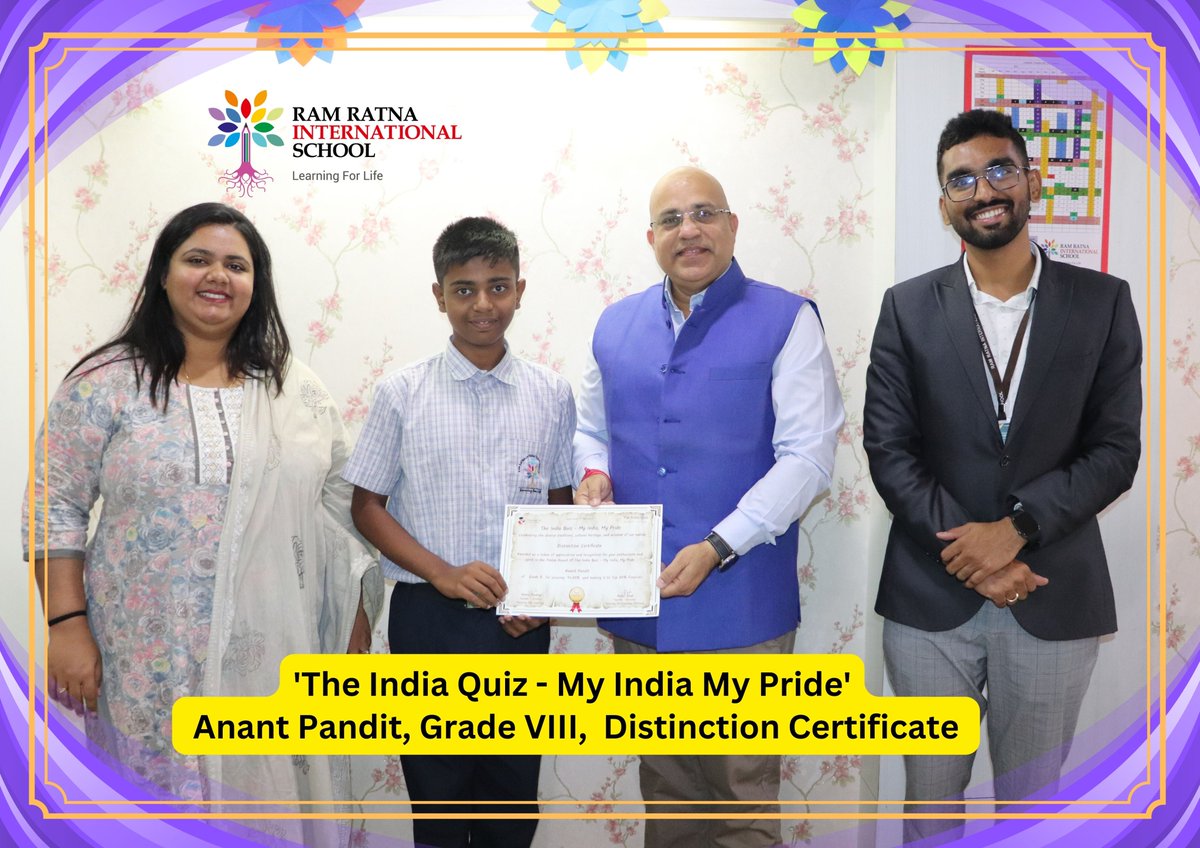 Congratulations to Mst. Anant Pandit from Grade VIII on achieving a Distinction Certificate in 'The India Quiz - My India My Pride' event! Your hard work and dedication to learning about our nation's rich heritage have truly paid off.