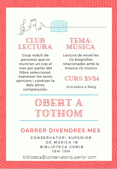 CRAI_Musica's tweet photo. 📚 Les persones interessades amb #clubdelectura #música curs 23/24 (d'octubre a maig) podeu enviar mail a biblioteca@conservatorisuperior.com #OBERTATOTHOM 👌
@csmib @esadibpalma https://t.co/rHuEifZtsp