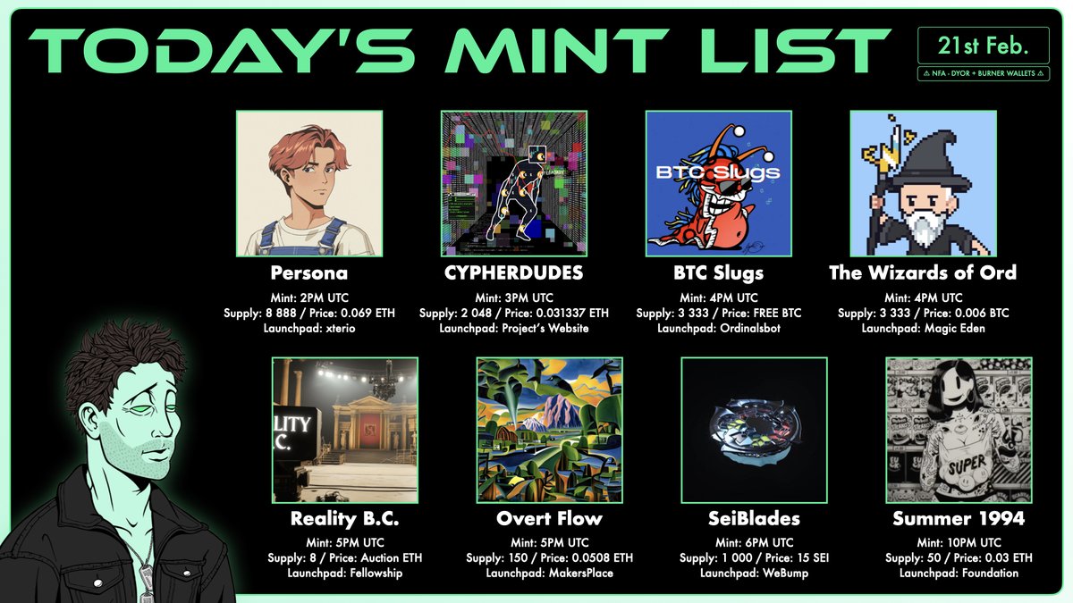MintOfTheDay's tweet photo. 🔥 Today's Mint List 🔥

14UTC・@Persona_Journey・0.069 $ETH
15UTC・@I____felix____I・ 0.031337 $ETH
16UTC・@1NSCR1BED・FREE $BTC
16UTC・@TheWizardsOfOrd・0.006 $BTC
17UTC・@Historic_Crypto・Auction $ETH
17UTC・@BottoDAO・0.0508 $ETH
18UTC・@SeiBladesNFT・15 $SEI
22UTC・@mcbess・ 0.03 $ETH