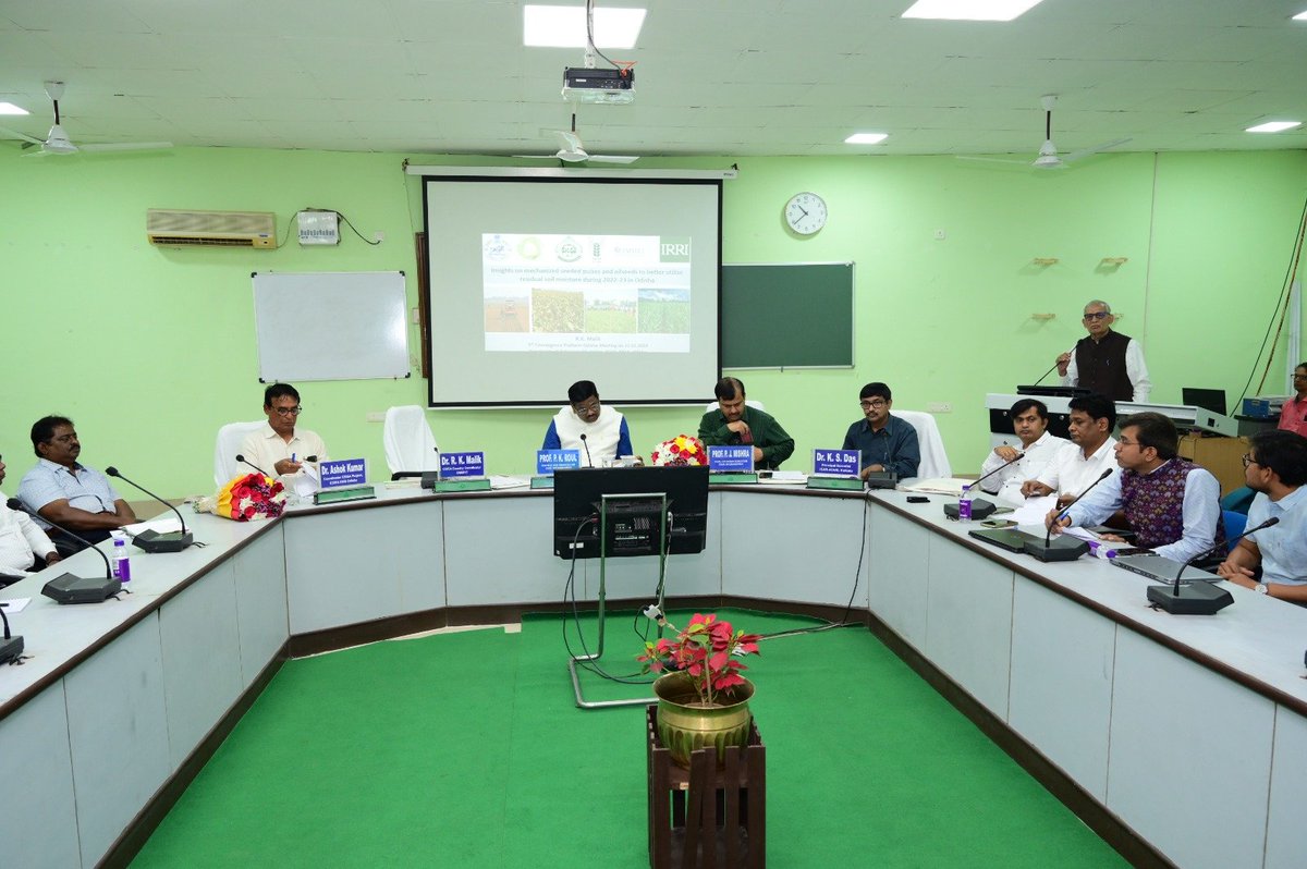 Prof. P. K. Roul, Hon'ble Vice Chancellor,OUAT addressing 'Meeting on Convergence Platform for Odisha' in presence of Dr. R. K. Malik,(Country Head, CIMMYT-CSISA), Dr. K.S. Das, Principal Scientist, ICAR-ATARI, Kolkata, Dr. Ashok Kumar, IRRI-CSISA & Prof. P. J. Mishra, DEE, OUAT.