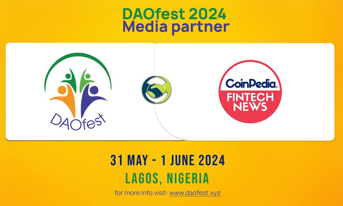 DAOfest's tweet photo. Thrilled to welcome @CoinpediaNews to the DAOfest 2024 family as our newest Media Partner!📰Get ready for top-notch coverage, exclusive insights, and a front-row seat to the revolution in Decentralized Autonomous Organizations 🌟 #DAOfest2024 #MediaPartner #BlockchainNews 🚀✨ https://t.co/KLbt6UQqWX