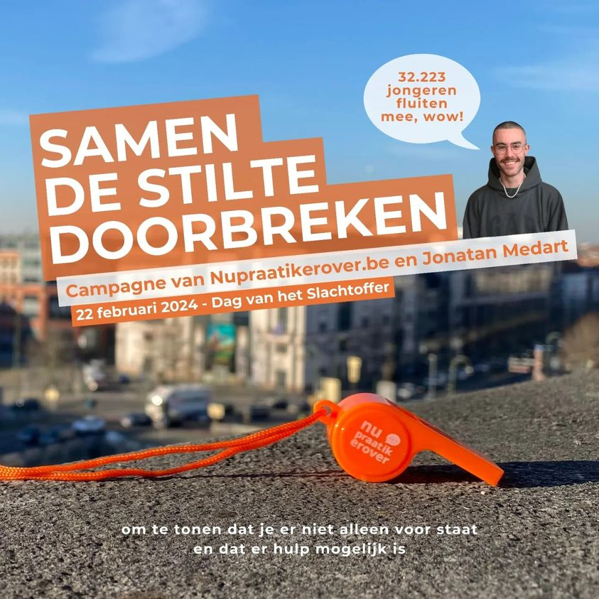 Wie maakt vandaag mee kabaal tegen kindermishandeling en seksueel geweld en doorbreekt zo de stilte?

75 scholen en meer dan 32.000 deelnemers geven het goede voorbeeld. Vlaanderen kleurt #nupraatikerover oranje vandaag!

#dagvanhetslachtoffer #kindreflex