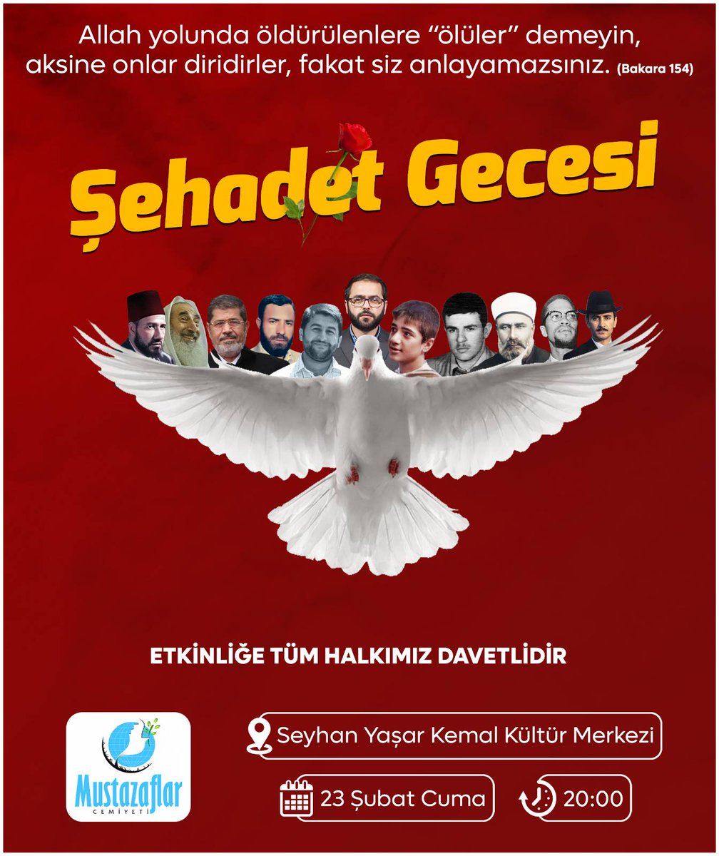 📣ŞEHADET GECESİNE DAVET❗

Mustazaflar Cemiyeti Adana Şubesinin daveti üzerine, İlçe Belediye Başkan Adayımız 
Sn. Fethullah Beyazçiçek'in de iştirak edeceği;  'ŞEHADET GECESİ' etkinliğine tüm halkımız davetlidir.