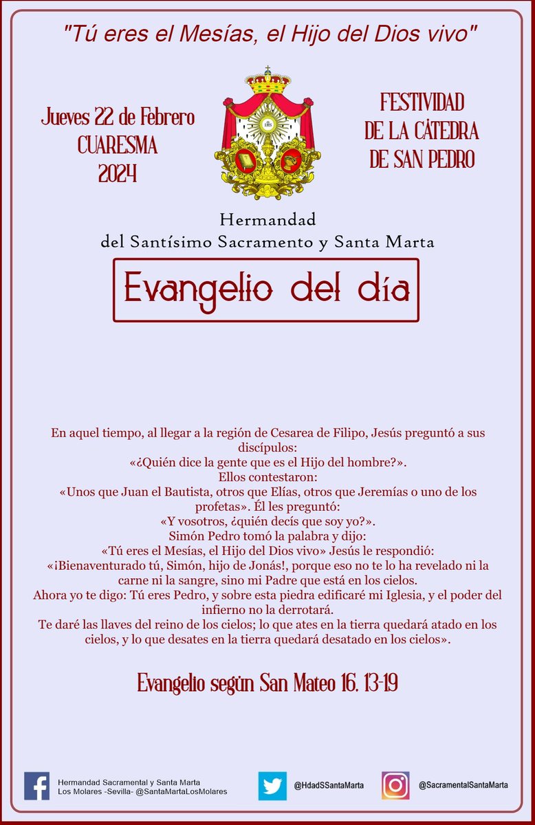 HdadSSantaMarta's tweet photo. #EvangelioDelDia | Jueves 22 de febrero. FESTIVIDAD DE LA CÁTEDRA DE SAN PEDRO. CUARESMA. Evangelio según San Mateo @EvangelizarSev https://t.co/nVveH0aGUw