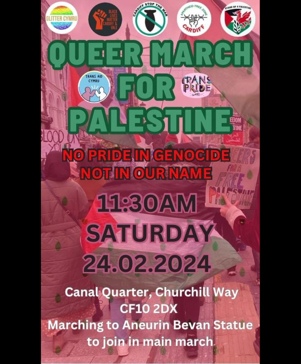 No Pride in Genocide! As far as we are aware, this is the first ever LGBT+ march for Palestine in Welsh history. Be part of making history ✊️