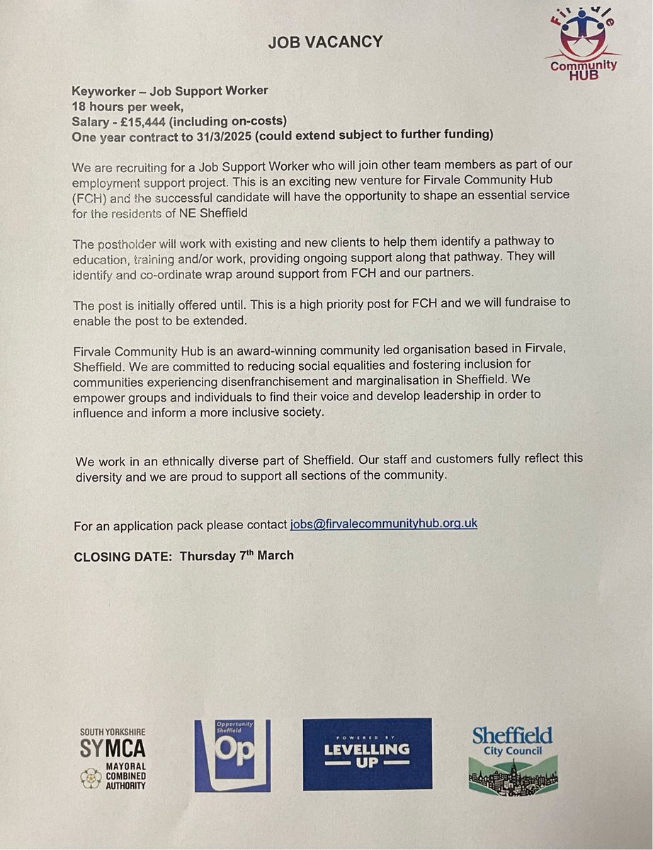 ❗️Local job opportunity❗️ Firvale Community Hub are recruiting a Job Support Worker - helping local people to find education, training and employment. @pagehallhealth