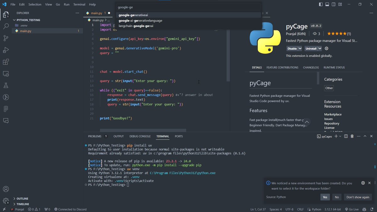khichdiNcode's tweet image. I made a @astral_sh&apos;s uv-powered @vscode extension that enables users to download Python packages using the command palette to increase productivity and be beginner-friendly.
github.com/qKitNp/pyCage
marketplace.visualstudio.com/items?itemName…
#vscode #Python #opensource