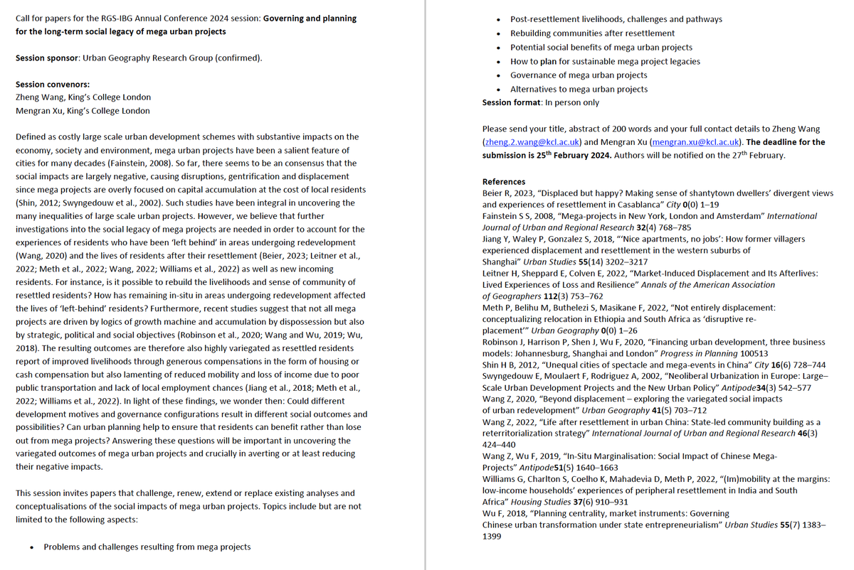 Zheng Wang (@zhengwang34) on Twitter photo CfP <a href="/RGS_IBG/">Royal Geographical Society (with IBG)</a> #AC2024 "Governing and planning for the long-term social legacy of mega urban projects". Email 200-word abstract by 25/02/2024 to zheng.2.wang@kcl.ac.uk. Sponsored by
<a href="/UGRGRGS/">UGRG</a>. Details below. CfP <a href="/RGS_IBG/">Royal Geographical Society (with IBG)</a> #AC2024 "Governing and planning for the long-term social legacy of mega urban projects". Email 200-word abstract by 25/02/2024 to zheng.2.wang@kcl.ac.uk. Sponsored by
<a href="/UGRGRGS/">UGRG</a>. Details below.