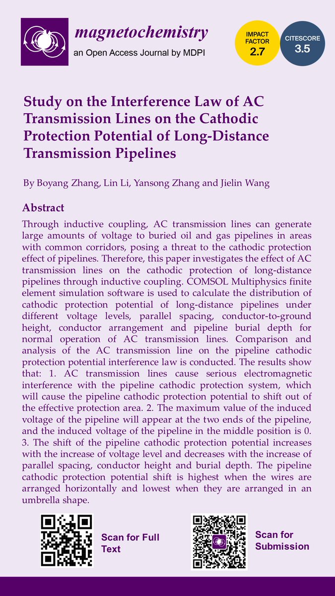 Magnetochem's tweet image. #highlycitedpaper 

⭐️Title &quot;Study on the Interference Law of AC Transmission Lines on the Cathodic Protection Potential of Long-Distance Transmission Pipelines&quot;

By Boyang Zhang

doi.org/10.3390/magnet…

#ACtransmissionline #inductivecoupling