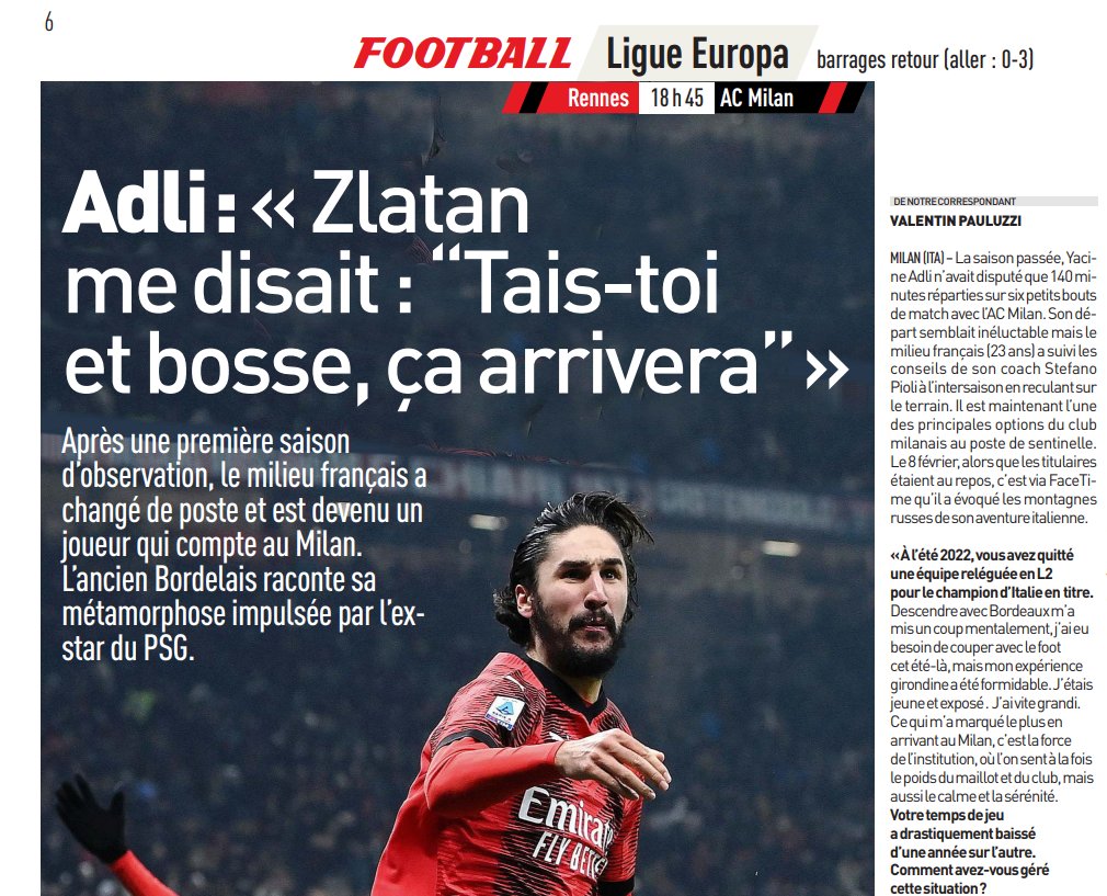 Itw d'Adli dans @lequipe du jour sur sa trajectoire au Milan. Un beau joueur de foot et un garçon très agréable. #RennesMilan