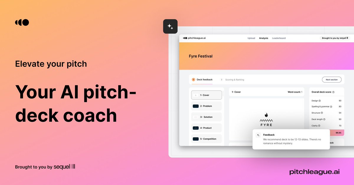 alexfmac's tweet photo. Founders: are you fed-up of sending out your deck and receiving no response or feedback?

Today we launched PitchLeague AI - your personal pitch deck coach. 

Instant detailed feedback, investor discoverability and startup scoring. https://t.co/b6WjCDJds8