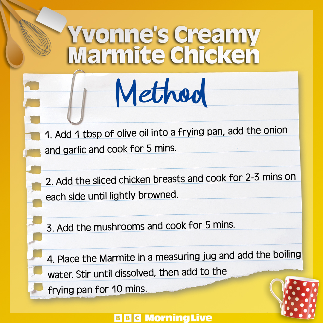 BBCMorningLive's tweet photo. Here’s @YvonneCobbYumma's creamy Marmite chicken. This recipe can be done from start to finish on the hob and costs just over £1.50 per serving.
Give it a go and let us know if you ‘love it or hate it’!
-------------------------------
#Food #MidweekDinner #Foodies https://t.co/CDRCFiU00O