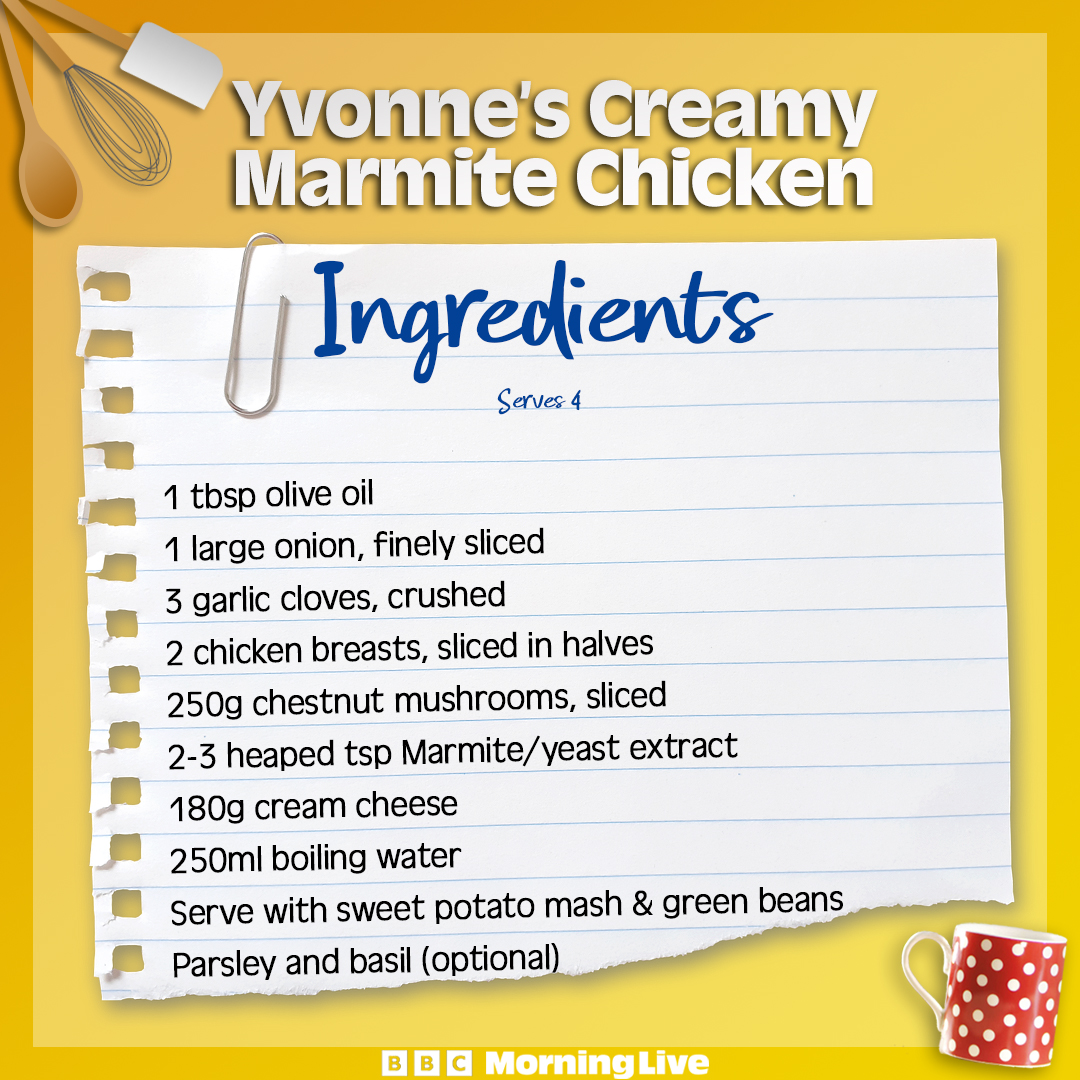 BBCMorningLive's tweet photo. Here’s @YvonneCobbYumma's creamy Marmite chicken. This recipe can be done from start to finish on the hob and costs just over £1.50 per serving.
Give it a go and let us know if you ‘love it or hate it’!
-------------------------------
#Food #MidweekDinner #Foodies https://t.co/CDRCFiU00O