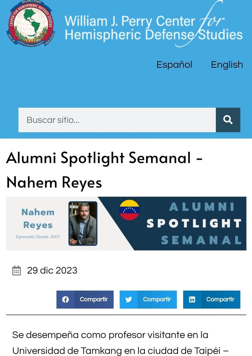 Gracias a @WJPerryCenter de la National Defense University de #WashingtonDC - #USA 🇺🇲 por incluirme como #AlumniSpotlight semanal en su edición de diciembre 2023.