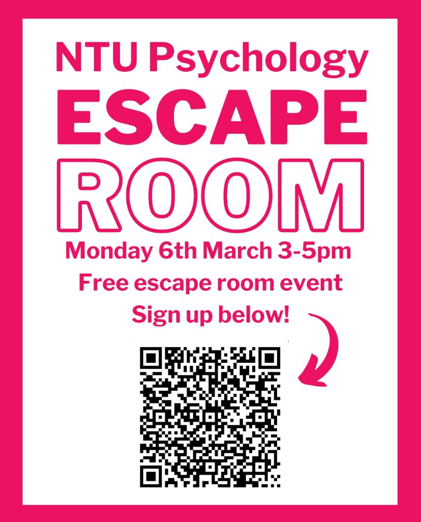 Free Psychology escape room event for undergraduate psychology students. Sign up using the QR code or the link on the MS Teams community page. <a href="/PsychologyNTU/">NTU Psychology</a>