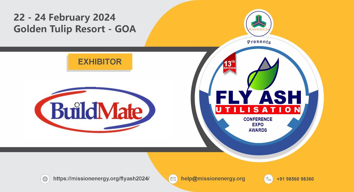 buildmate_india's tweet photo. Join us at the Fly Ash Utilization Conference Expo Awards organized by ASHTECH! We're excited to announce that Buildmate will be an exhibitor at this prestigious event

#BuildmateProjects #AACblockSuppliers #FlyAshUtilisation #SustainableConstruction #Ashtech #EcoFriendlyBuilding https://t.co/eblJtdy8gC