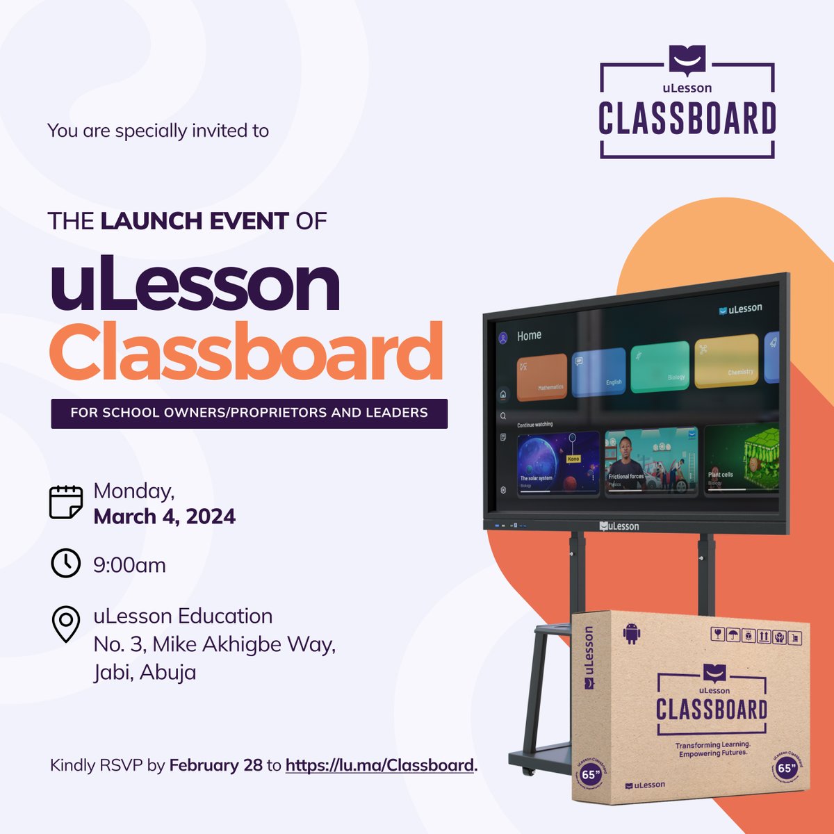 School Owners, Proprietors and Teachers, mark your calendars and join us for the exclusive launch of the uLesson Classboard at the uLesson HeadQuarters in Abuja - on the 4th of March 2024 at 9 AM!🤩

Witness the future of education unfold as you experience the uLesson Classboard