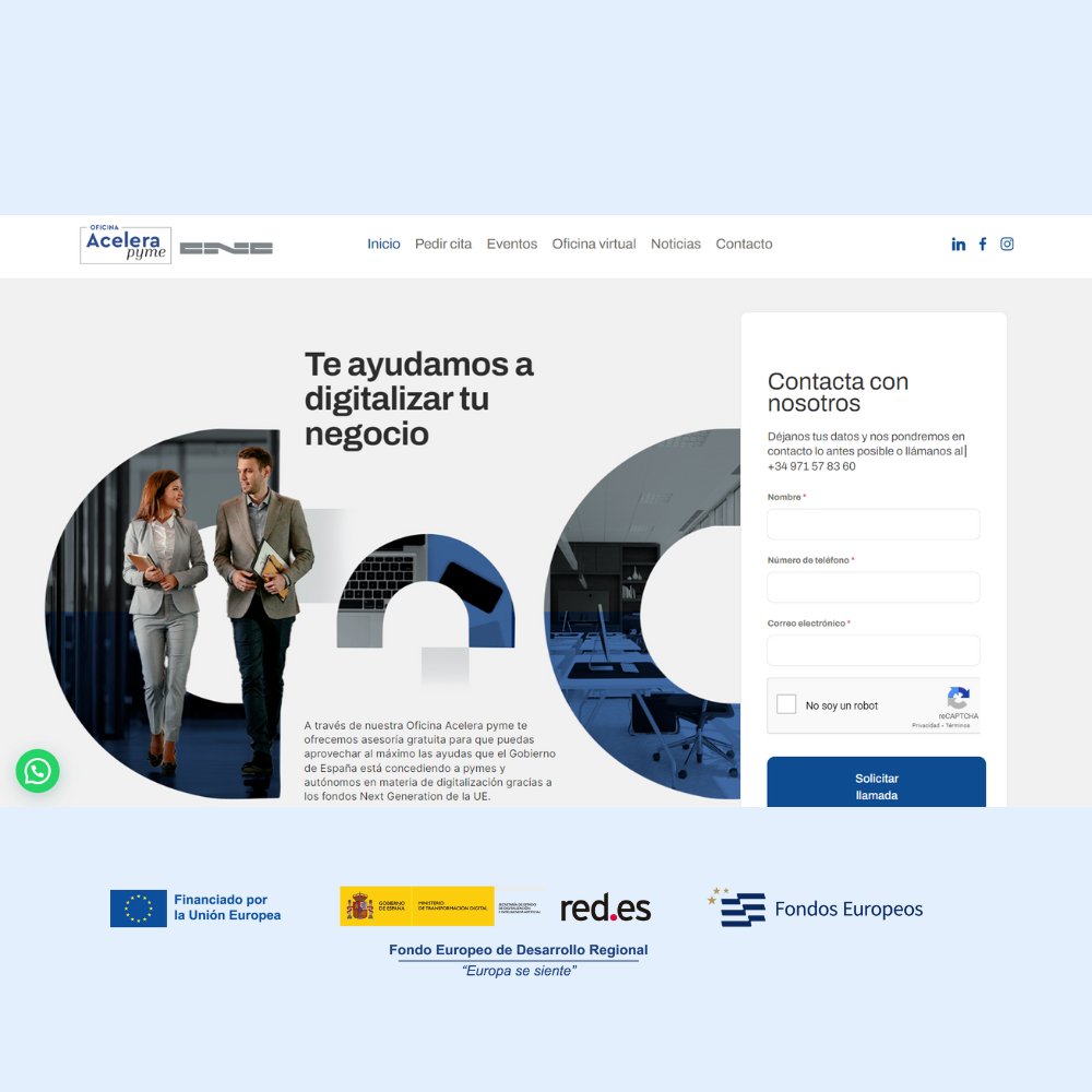 Tu página web: la carta de presentación digital de tu empresa.

 Con diseño atractivo, fácil navegación y optimización SEO, asegura una sólida primera impresión y facilita el descubrimiento de tu negocio. La clave para causar impacto desde el primer clic.