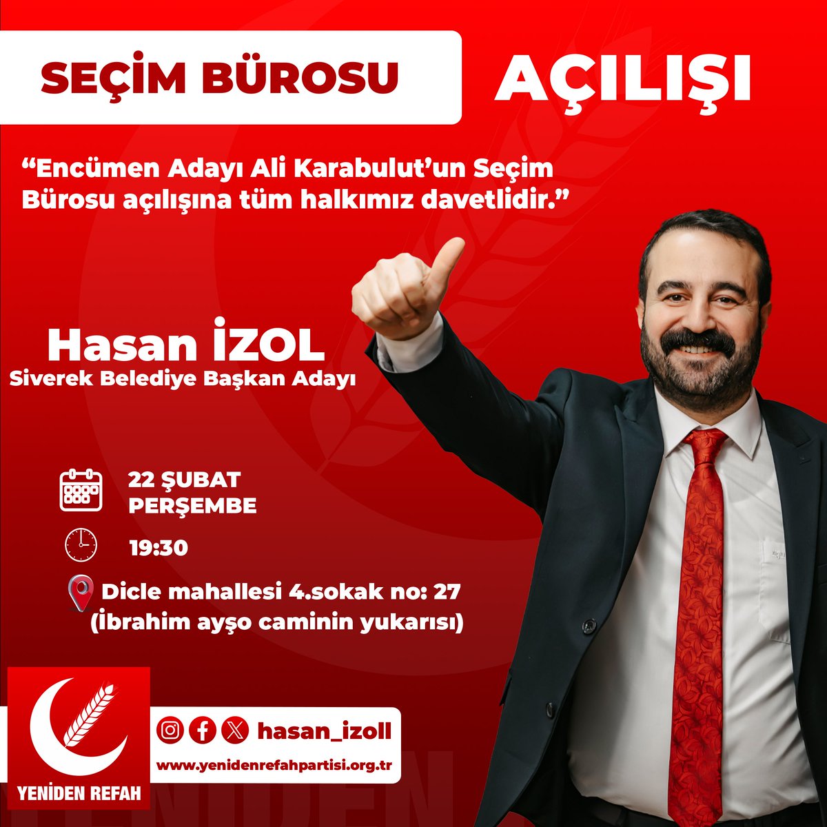 Encümen Adayı Ali Karabulut’un Seçim Bürosu açılışına tüm halkımız davetlidir.. #ahlaklıbelediyecilik #siverekrefahakavuşaçak