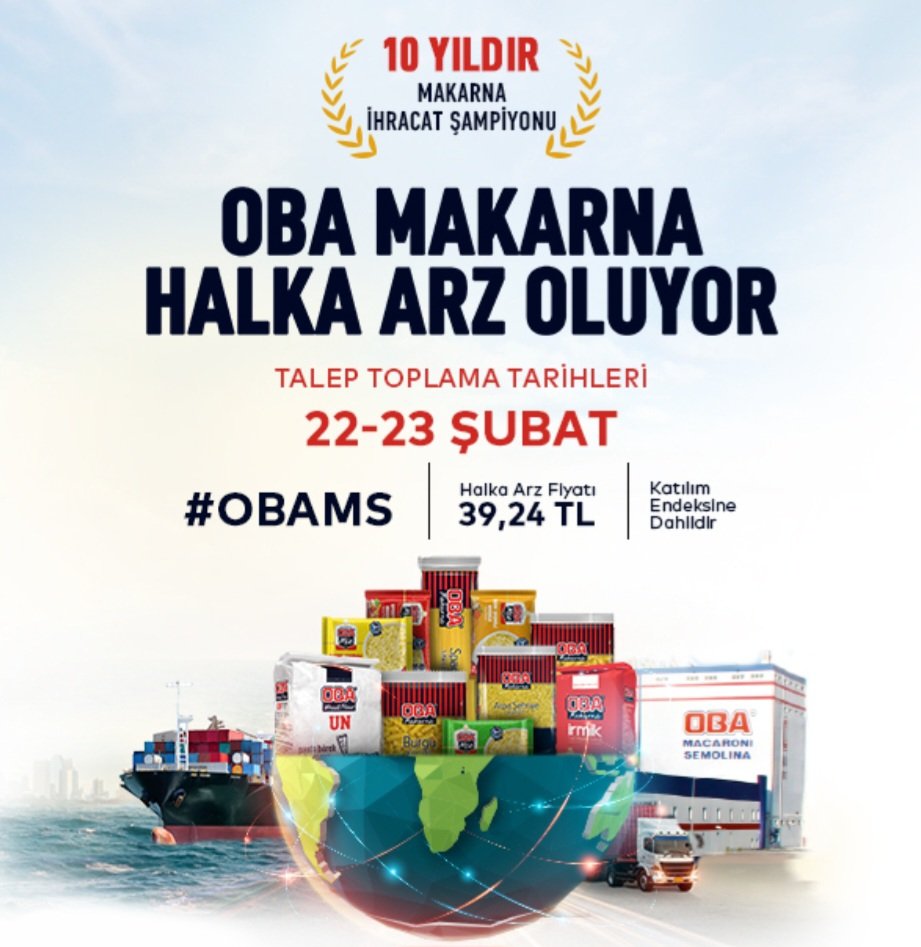 #halkaarz #obams 
OBA MAKARNACILIK SANAYİ VE TICARET A.Ş.

➡️Talep Tarihleri:22-23 Şubat
➡️Fiyat:39.24
➡️Lot Sayisi:96 336 345
➡️Arz Büyüklüğü:3 780 238 178
➡️Dağıtım Şekli:Bireysele Eşit
➡️Toplam payların%49 bireysele, %45 Y İçi kurumsala, %5 Y Dışı kurumsala, %1 şirket çalışan