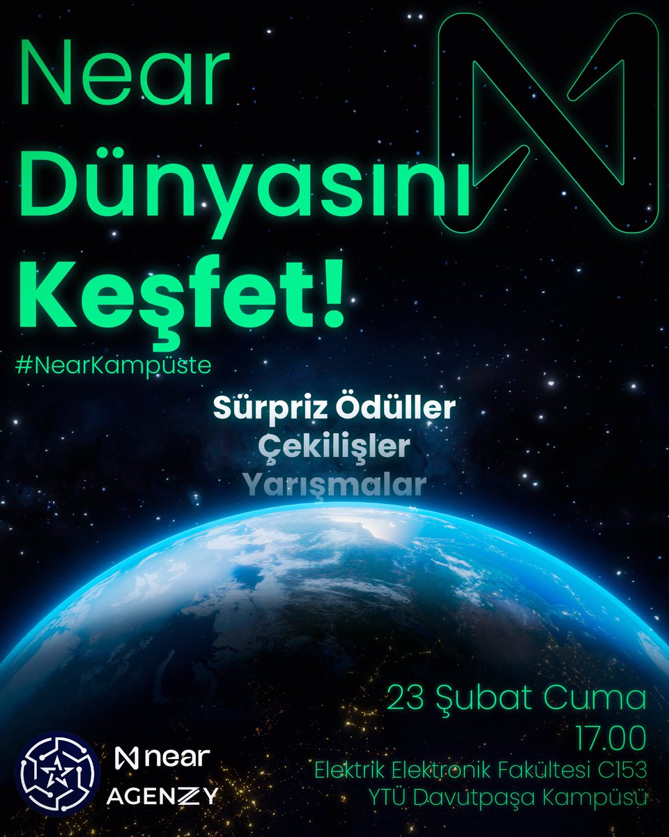 Near dünyasını birlikte keşfediyoruz!🗺️

@near_turkey ’in @agenzydigital katkılarıyla #nearkampüste etiketi ile başlattığı üniversite etkinliklerinin ilkini bizimle gerçekleştiriyor🌟

Sürpriz hediyelerin, yarışmaların ve çekilişlerin bir arada olacağı bu etkinlik için yarın saat