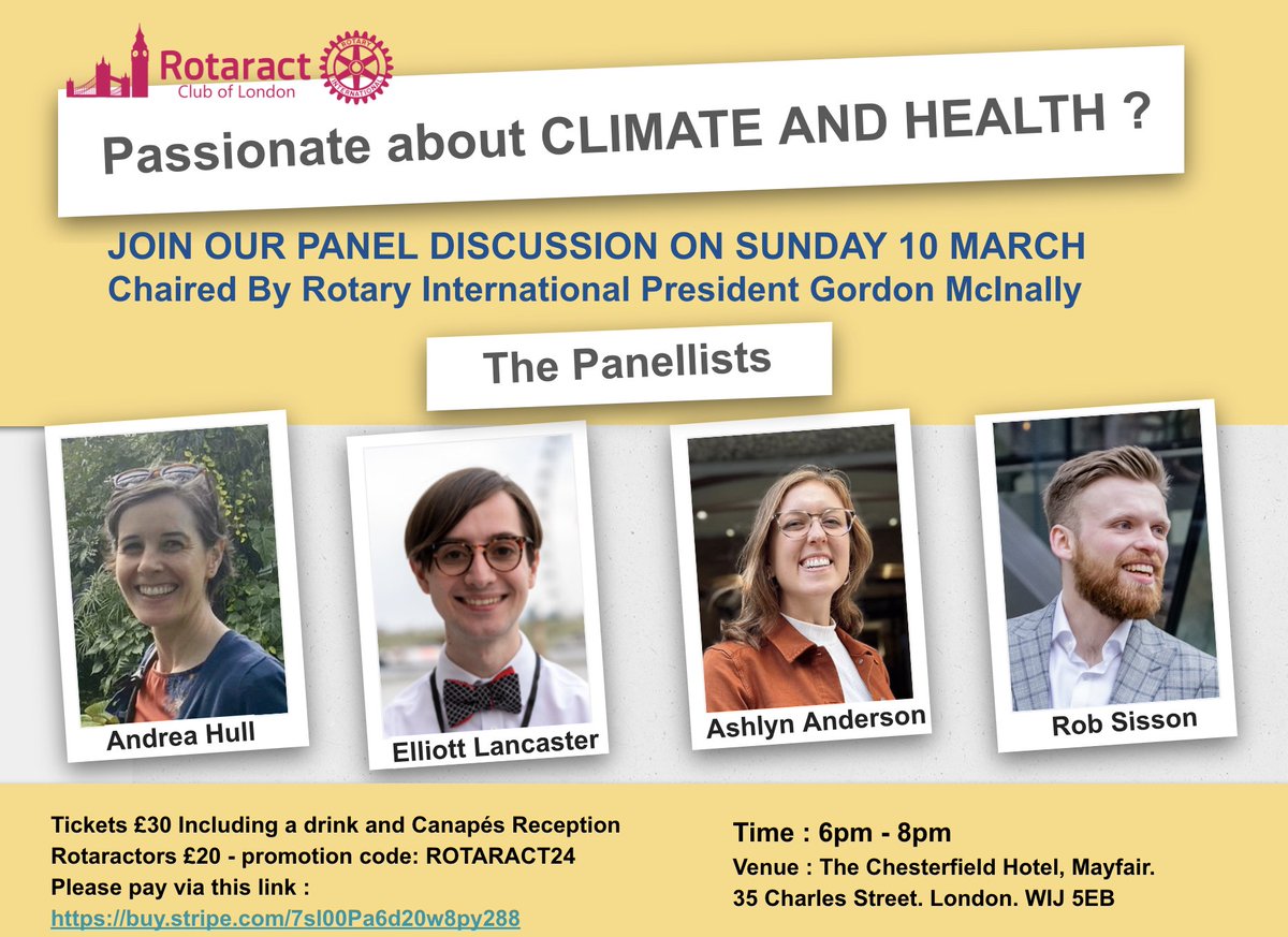 Rotaract of London invites you to join a panel discussion with Rotary International President Gordon Mclnally 'Climate and Health' 🌅 Please register via buy.stripe.com/7sI00Pa6d20w8p…