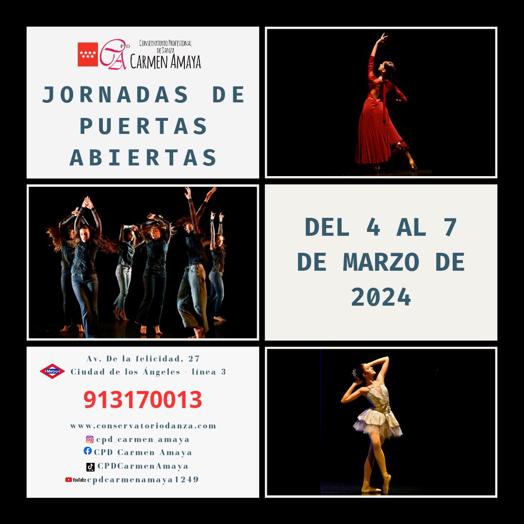 CPDCarmenAmaya's tweet photo. Las clases de las Enseñanzas Profesionales se podrán visitar del 4 al 6 de marzo en horario de mañana, Danza Clásica y Danza Española y en horario de tarde, Danza Contemporánea.
Del 4 al 7 de marzo en horario de tarde, las Enseñanzas Elementales.
¡Ven a conocernos, te esperamos! https://t.co/qaqG9cke0p