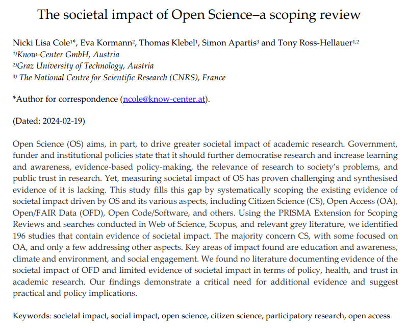 New preprint on the societal impact of Open Science! As part of the PathOS project, we have scoped the academic, societal and economic impacts of Open Science. The first of three upcoming preprints (each covering one theme) is now available! doi.org/10.31235/osf.i…