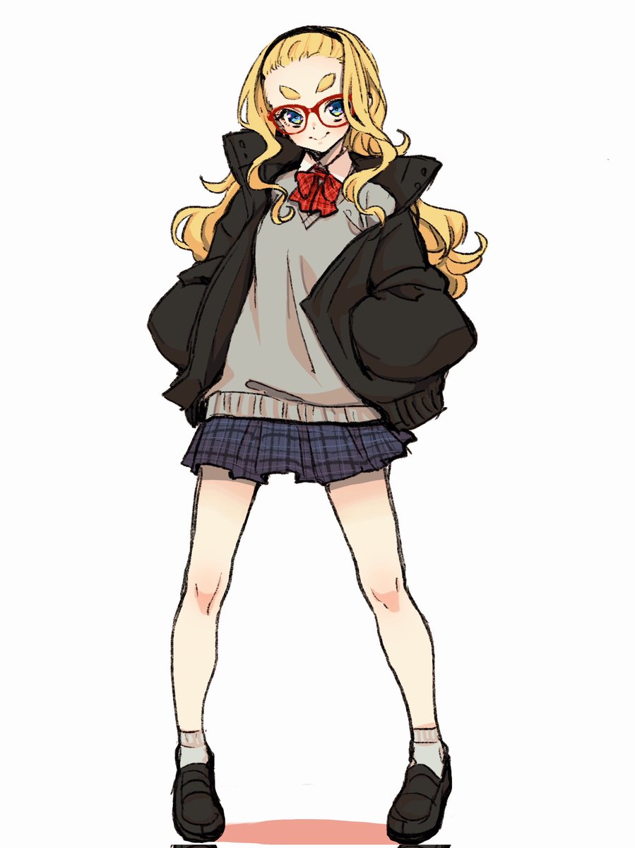 1girl solo blonde hair skirt glasses long hair thick eyebrows  illustration images