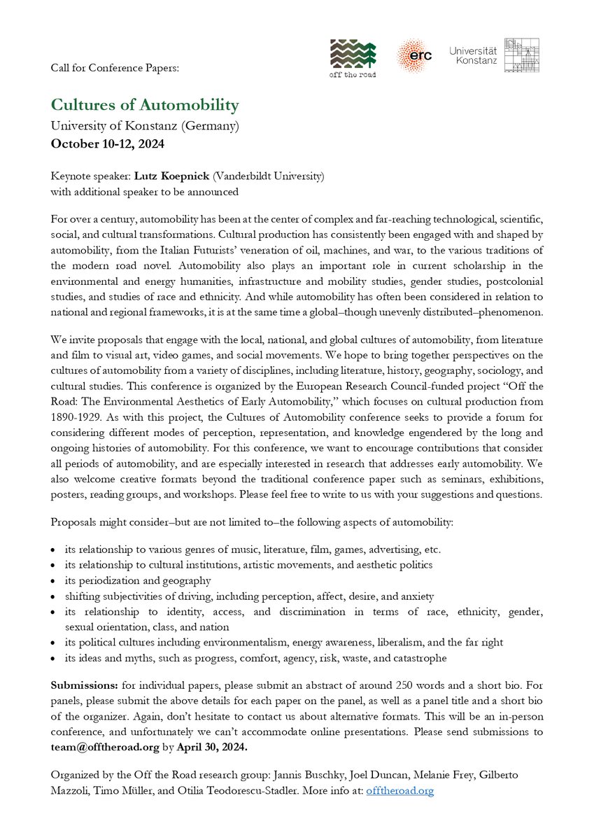 CfP: Cultures of Automobility

👉 local, national, and global cultures of #automobility, from literature and film to visual art, video games, and social movements

📌@OfftheRoad15 #mobilitystudies