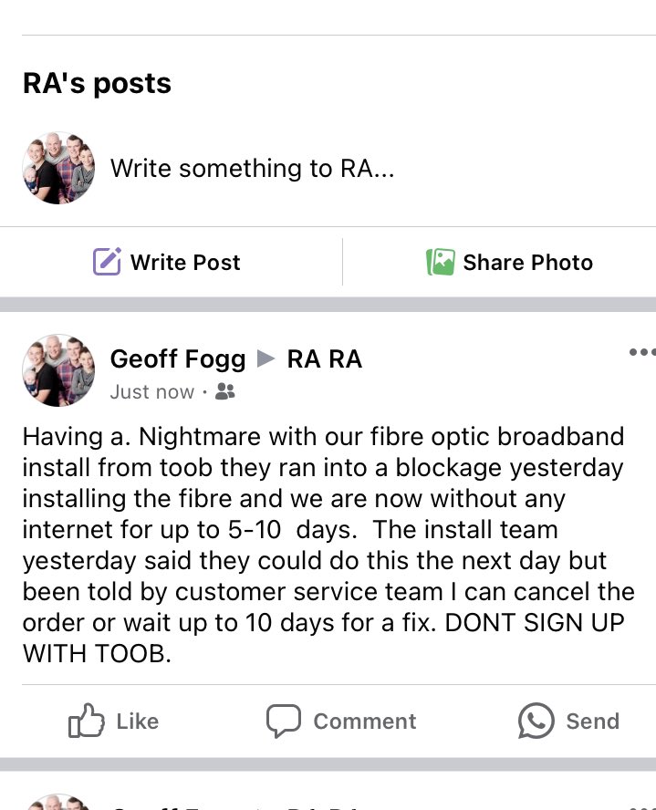 GeoffFogg's tweet photo. @toobbroadband  why can’t I get me install completed today after you started it yesterday and promised you would be back today to complete? https://t.co/ZCKUdowb8h