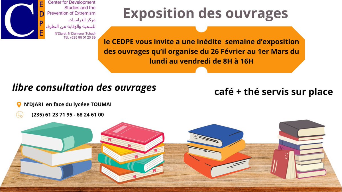 VanzouZ's tweet photo. Vous êtes invités à prendre part cette semaine d'exposition des ouvrages au Centre d'études pour le développement et la prévention de l' extrémisme.
Pour plus d'informations contactez les contacts sur l'affiche 🙏
#Cedpe https://t.co/SJjskHie0l