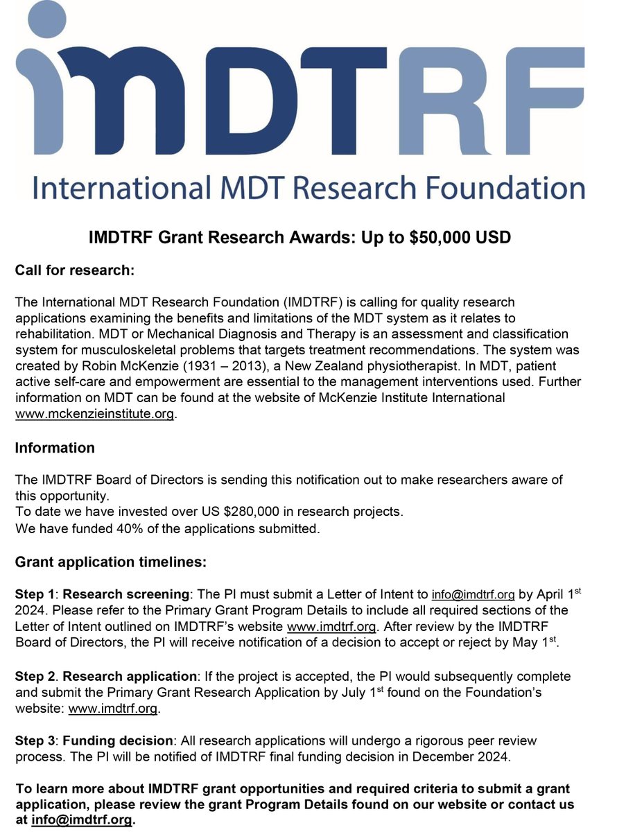 Grant Research Awards: Up to $50,000 USD
IMDTRF is calling for quality research applications             examining the benefits and limitations of the Mechanical Diagnosis and Therapy system as it relates to rehabilitation. 
imdtrf.org