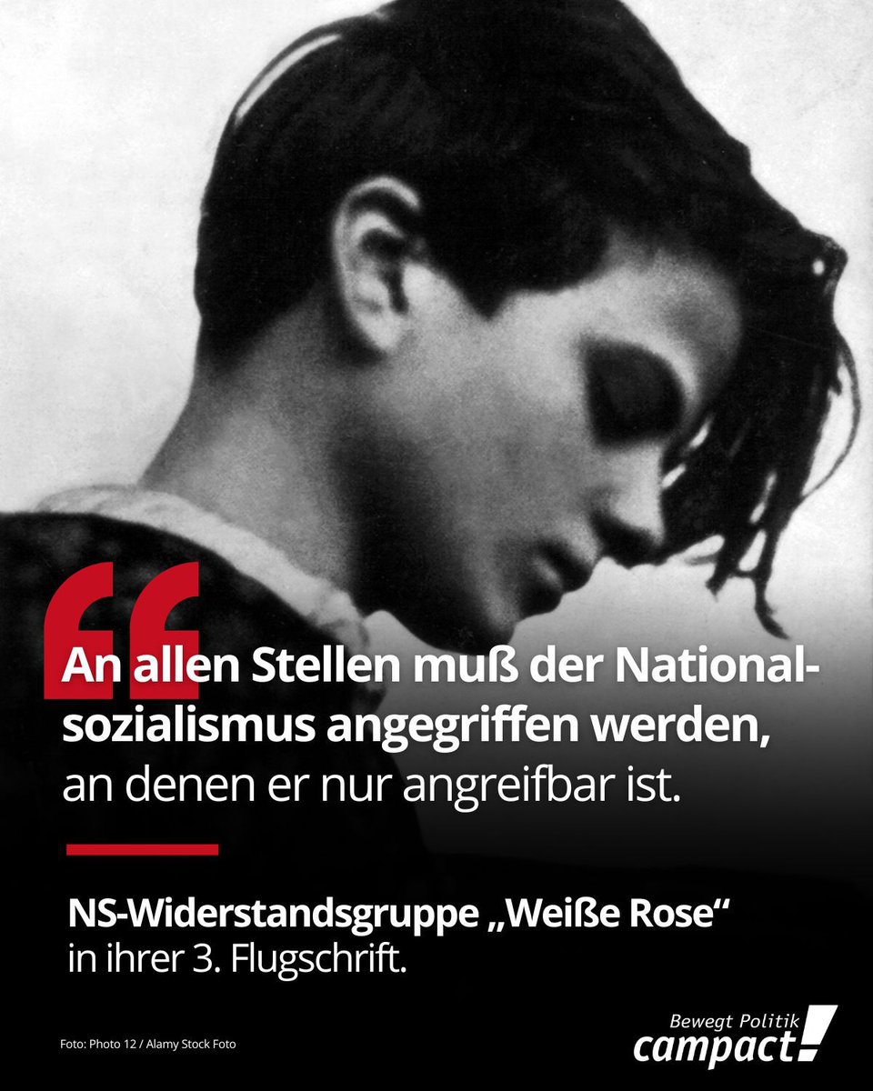 1943 wurden Sophie und Hans Scholl sowie Christoph Probst durch das NS-Regime ermordet. Ihre Haltung bleibt bis heute unvergessen. Für uns steht fest: Wir müssen JETZT die Brandmauer sein. Auch dieses Wochenende finden deutschlandweit #noafd-Demos statt. zusammen-gegen-rechts.org